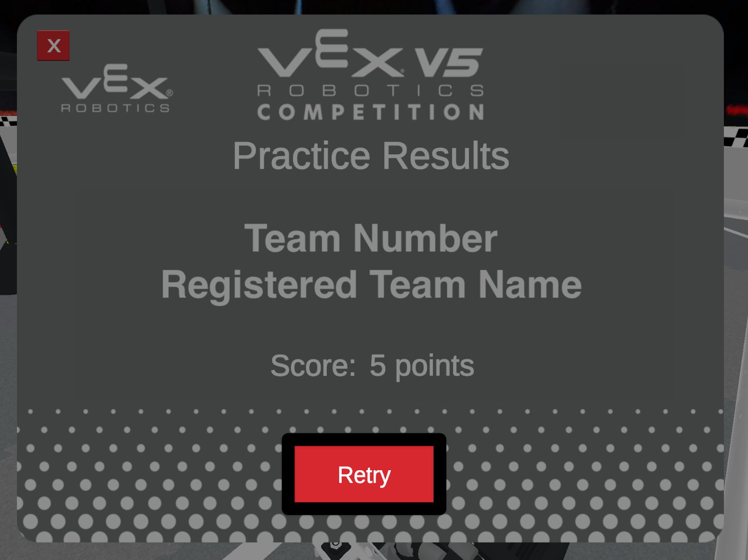 The end of match screen showing the Practice Results for the Team Number and Registered Team Name. The Score reads 5 points. The Retry button at the bottom of the screen is highlighted in a red box, indicating what to select to play again.