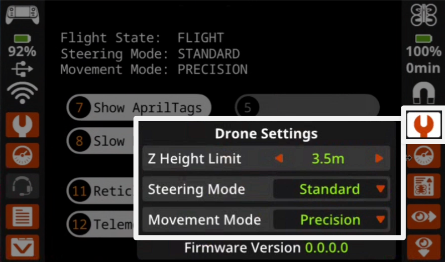 The controller screen with the drone settings menu open, and highlighted beside the wrench icon on the right hand side. Drone settings include touch options for Z height limit, steering mode, and movement mode.