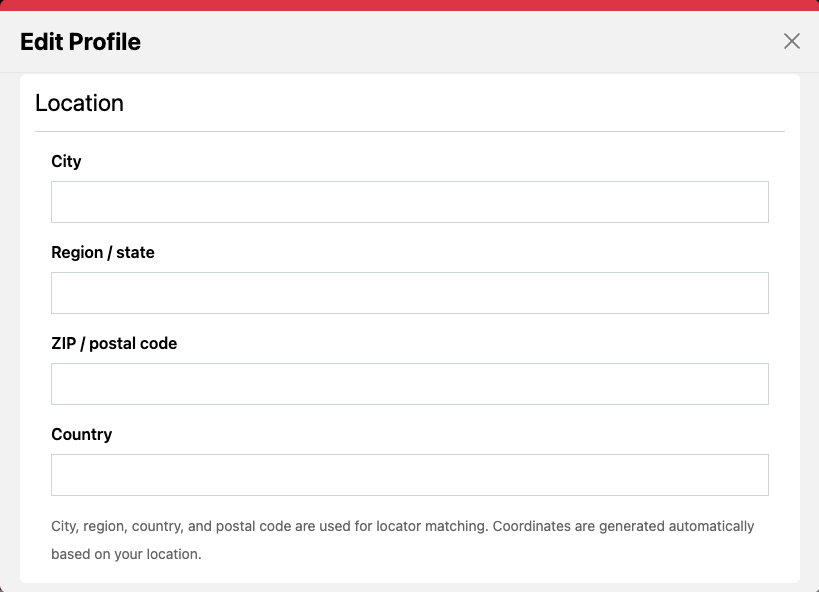 The next section of the Edit Profile prompt with text boxes to enter location details of city, region or state, zip or postal code, and country.
