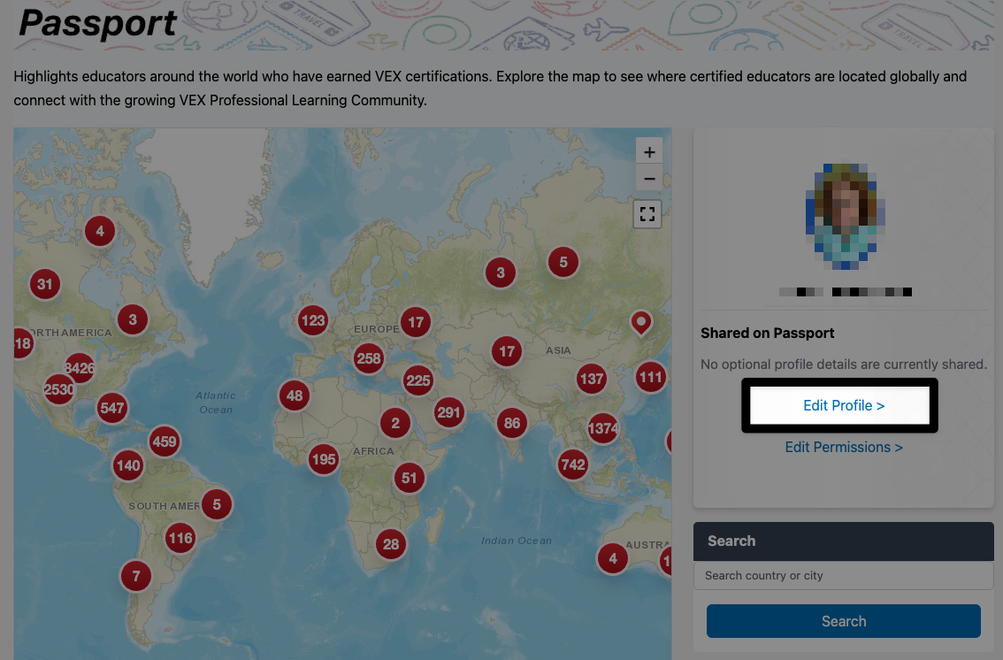 The VEX Passport page with the edit profile button on the right hand side below the profile name, highlighted.