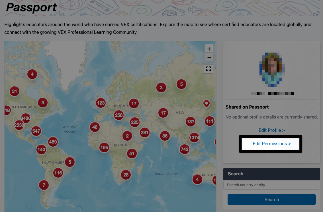 THe same image as the one previous, with the Edit Permissions button below the Edit Profile button highlighted in the profile information to the right of the map.
