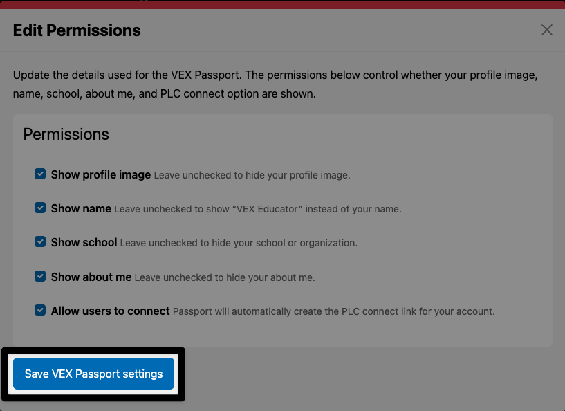 The same image as the one previous, with the Save VEX Passport Settings button in the lower left corner highlighted.
