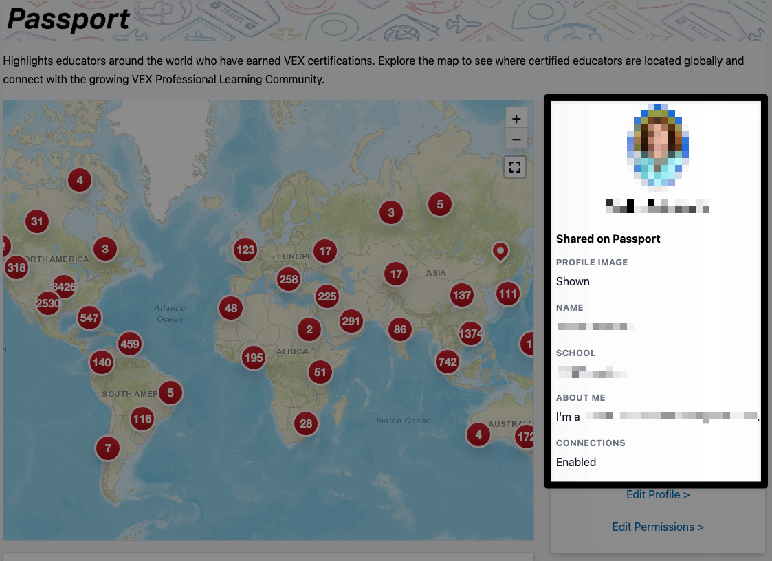The VEX Passport page showing the map with the Profile information updated to show user information that is enabled on the right.