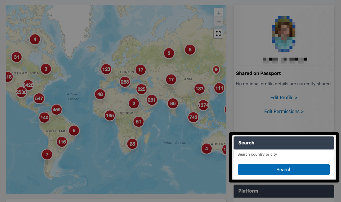 The center of the VEX Passport page with the Search bar highlighted alongside the lower right corner of the map, below the profile information.