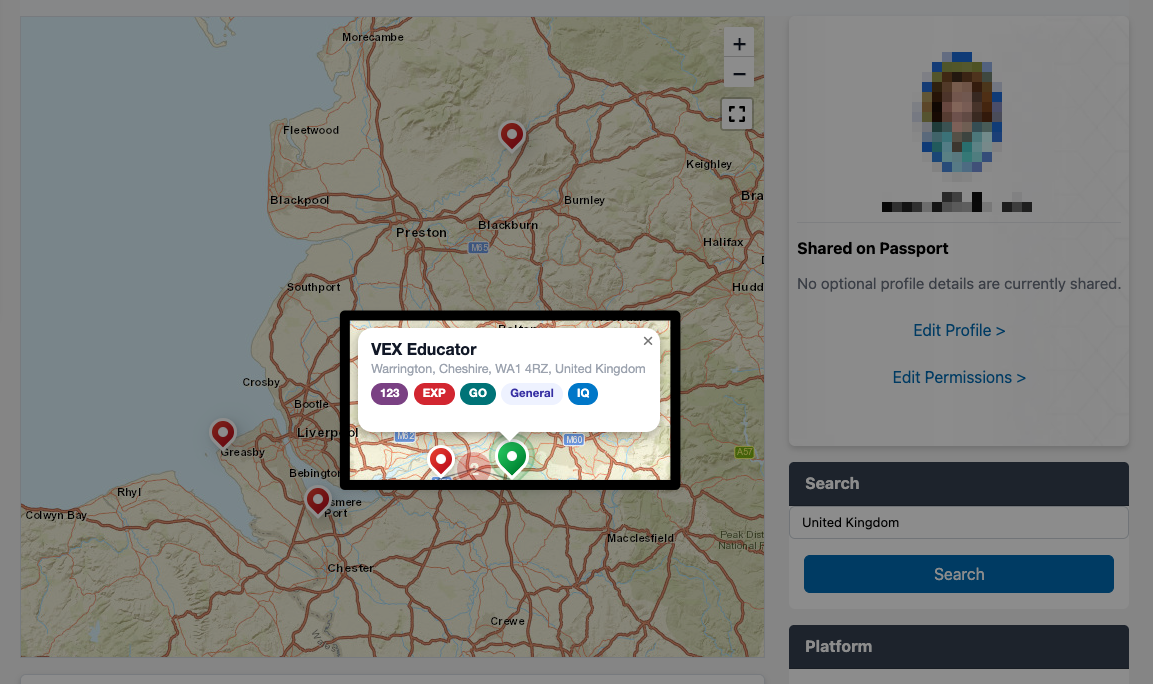 The same image as the one previous, now with the map further zoomed in on a specific city within the UK, and one VEX Educator's information highlighted.