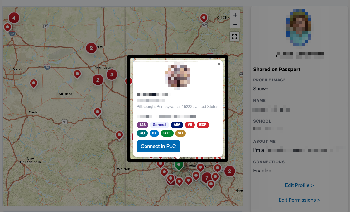 A close-up screenshot of the Map to the left of profile information, with an educator selected and their information open and showing a Connect in PLC option.
