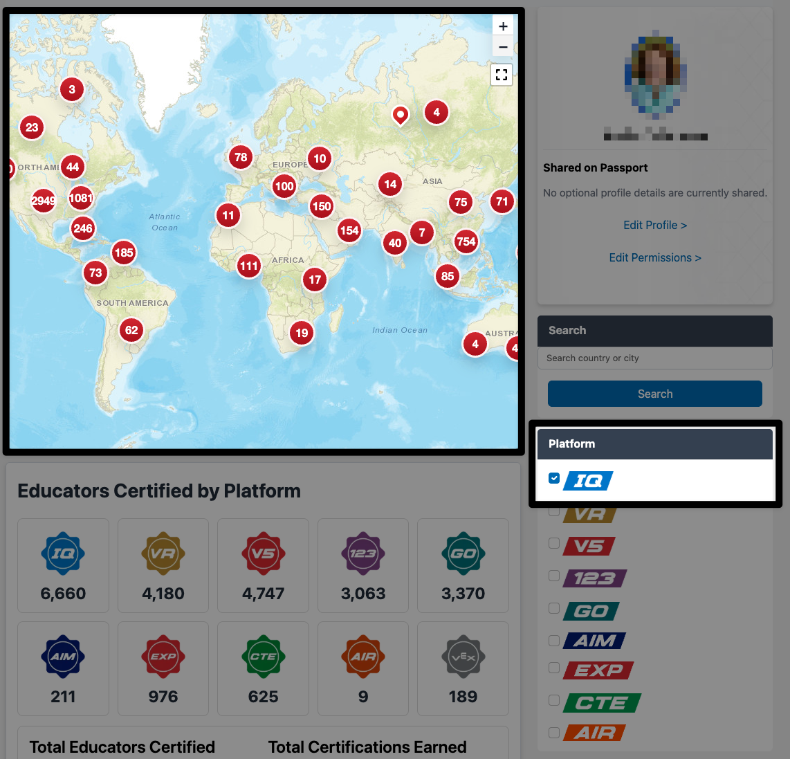 The central section of the VEX Passport page with IQ selected in the platform selector, and the map highlighted to now show only the educators certified in IQ.