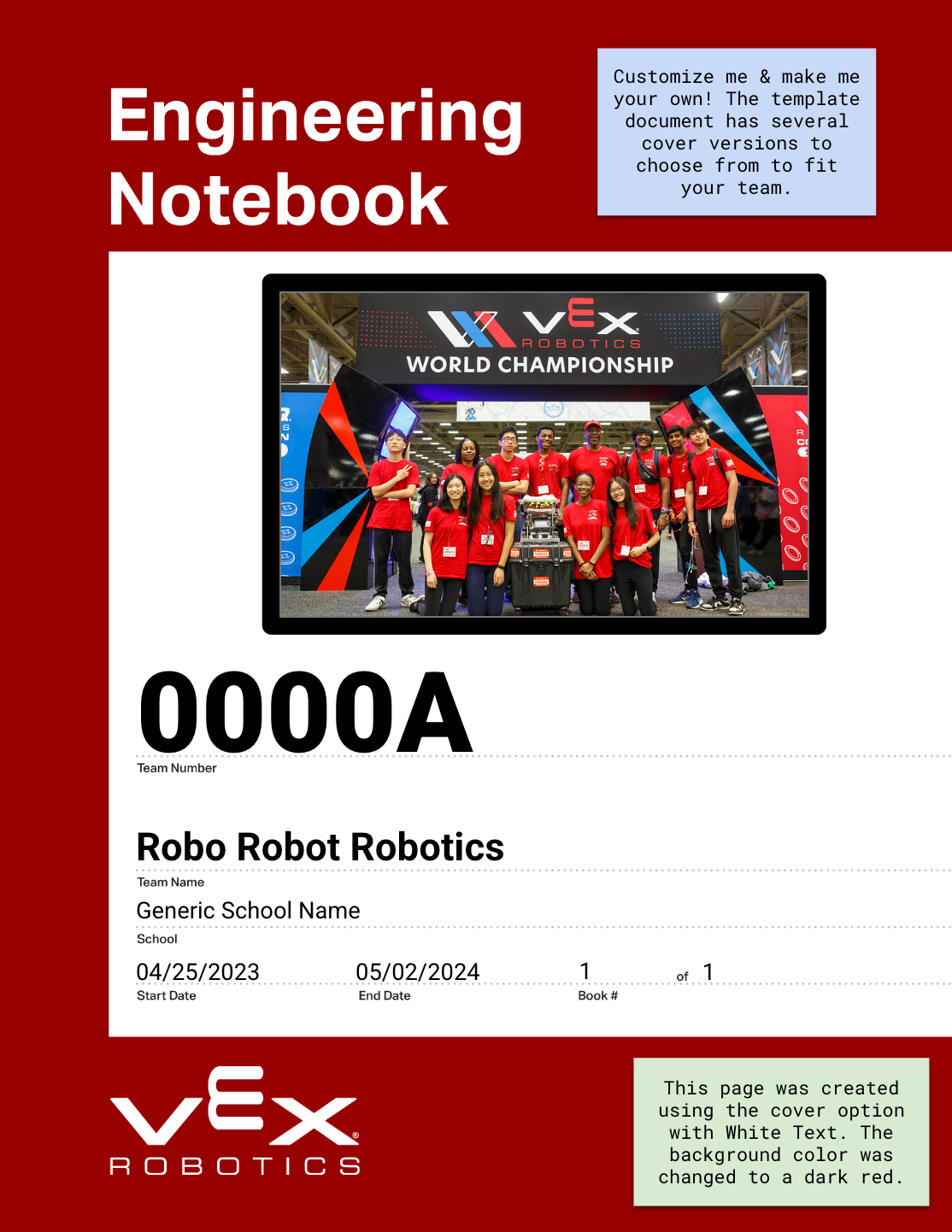 Cover page of an engineering notebook template showing sticky notes with tips about how to use the sample notebook.