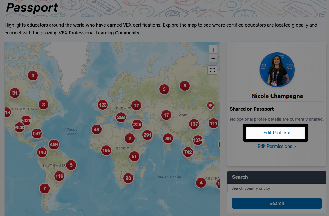 The VEX Passport page with the edit profile button on the right hand side below the profile name, highlighted.