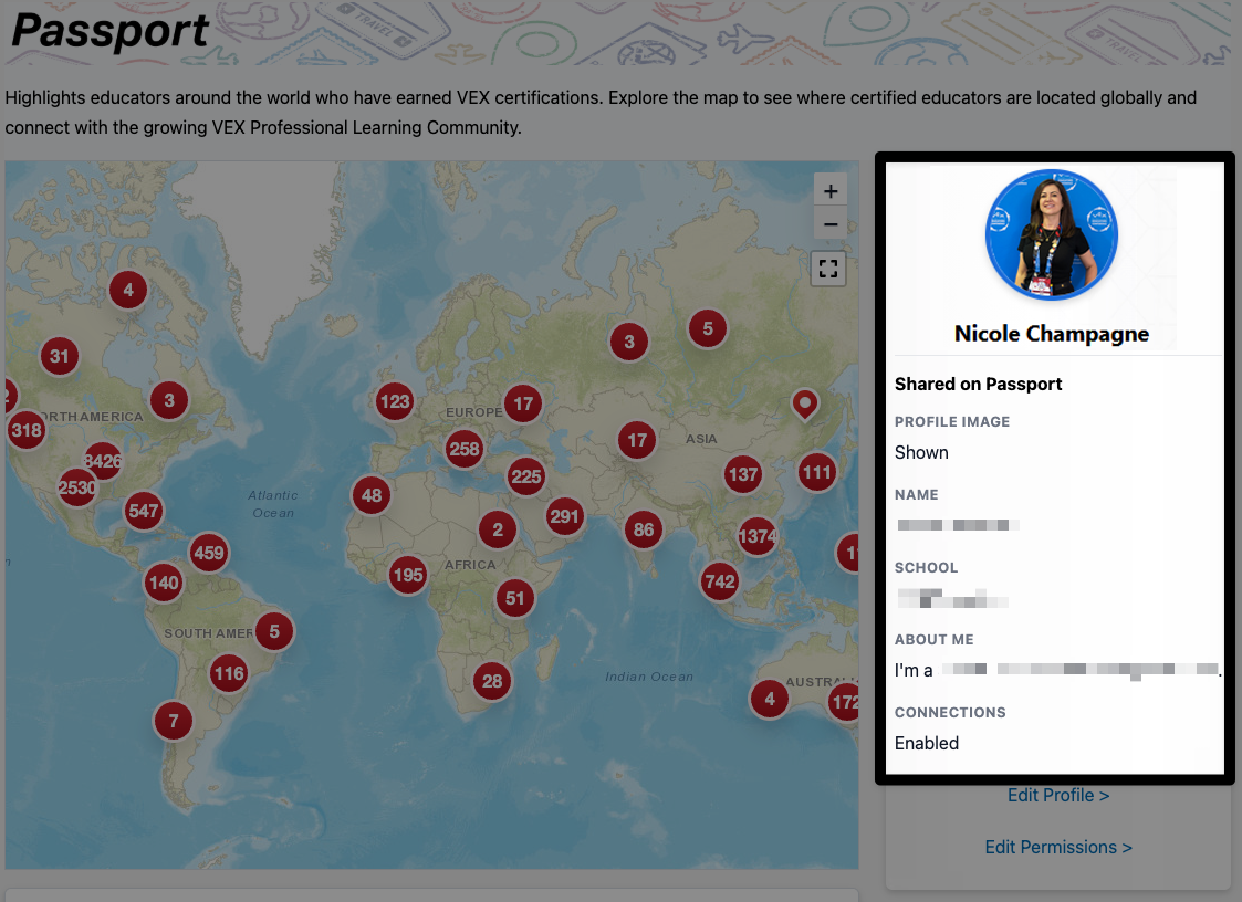 The VEX Passport page showing the map with the Profile information updated to show user information that is enabled on the right.
