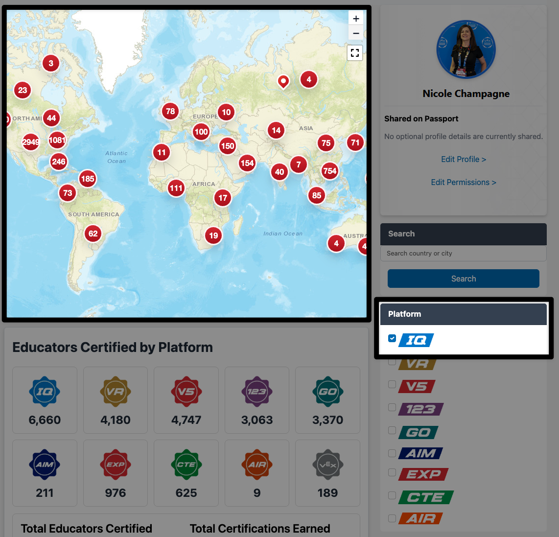 The central section of the VEX Passport page with IQ selected in the platform selector, and the map highlighted to now show only the educators certified in IQ.