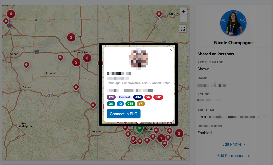 A close-up screenshot of the Map to the left of profile information, with an educator selected and their information open and showing a Connect in PLC option.