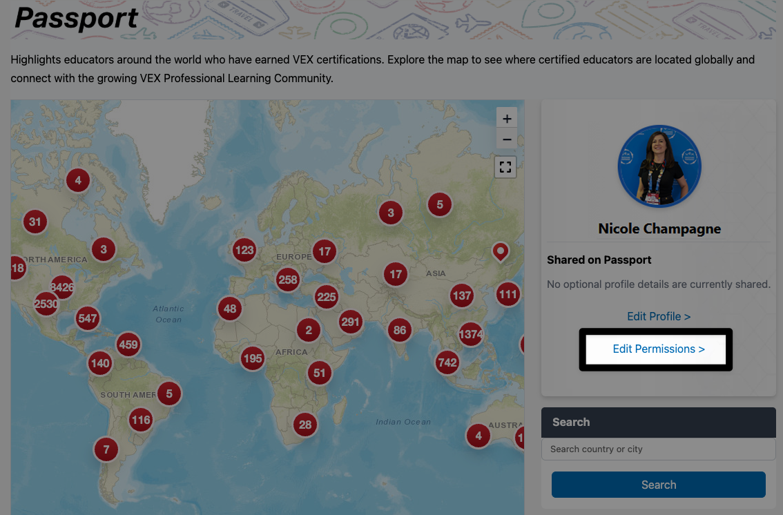 THe same image as the one previous, with the Edit Permissions button below the Edit Profile button highlighted in the profile information to the right of the map.
