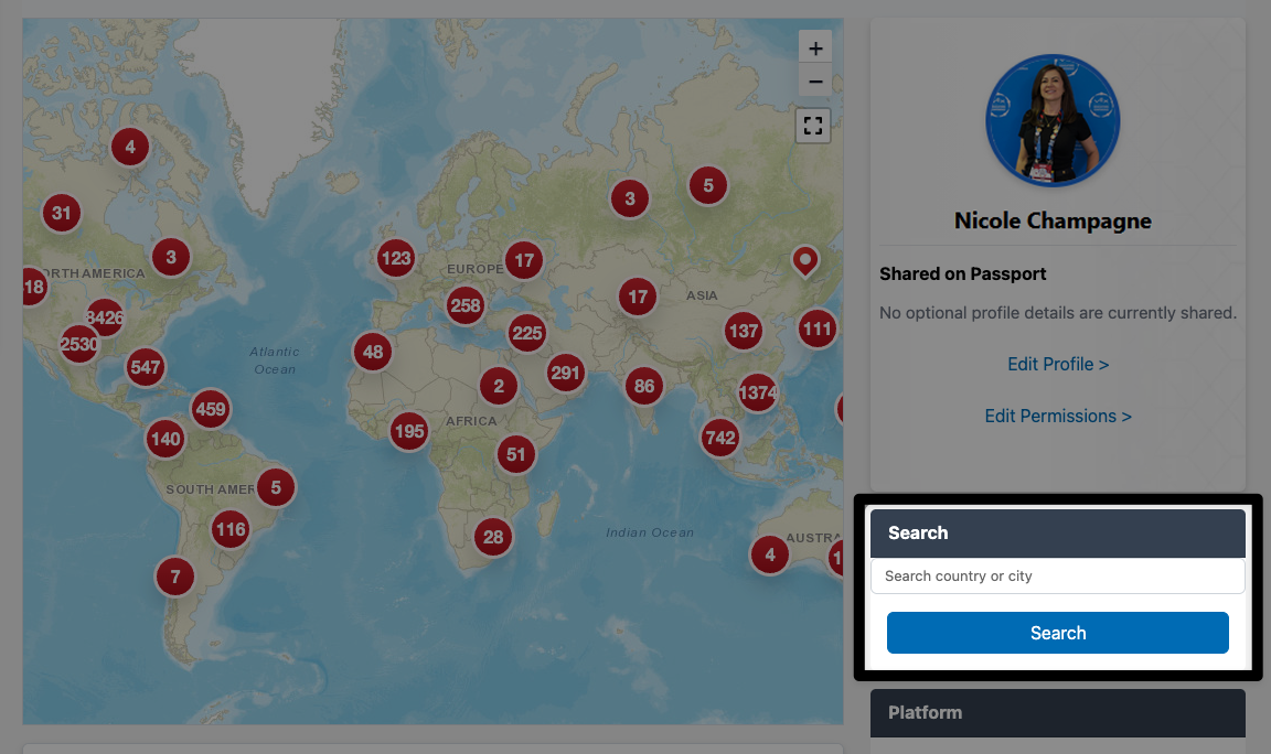 The center of the VEX Passport page with the Search bar highlighted alongside the lower right corner of the map, below the profile information.