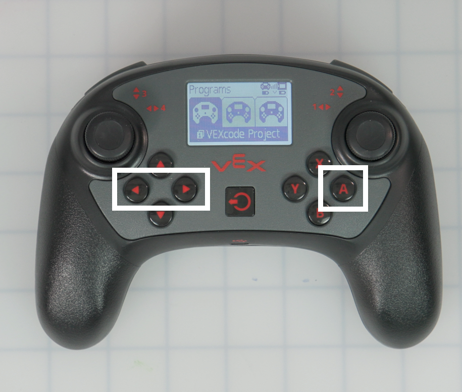 The Programs menu screen of the V5 controller, showing the left and right arrow buttons and the A button being highlighted.