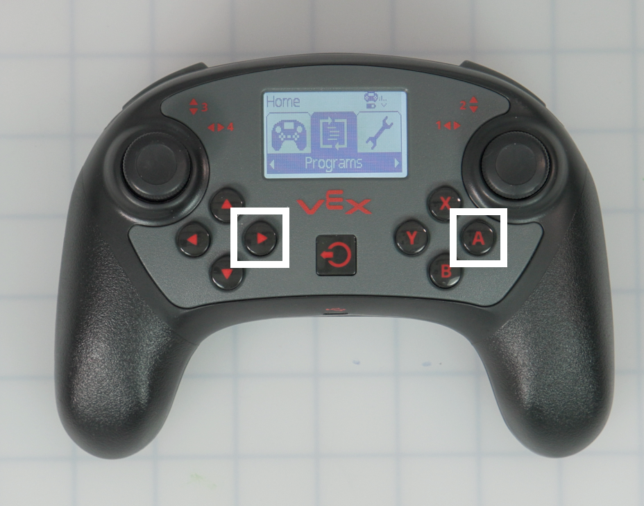 The home screen of the V5 controller, showing the Programs icon is selected with the right arrow and A buttons being highlighted.