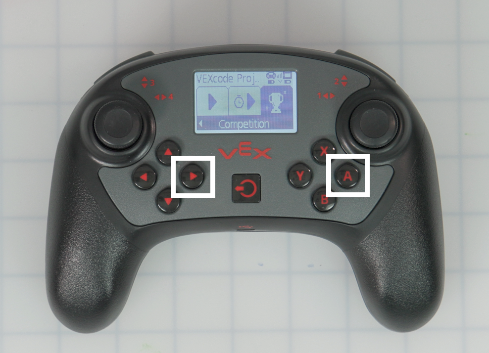 The Program menu screen of the V5 Controller showing the Competition icon is selected with the right arrow and A buttons highlighted.
