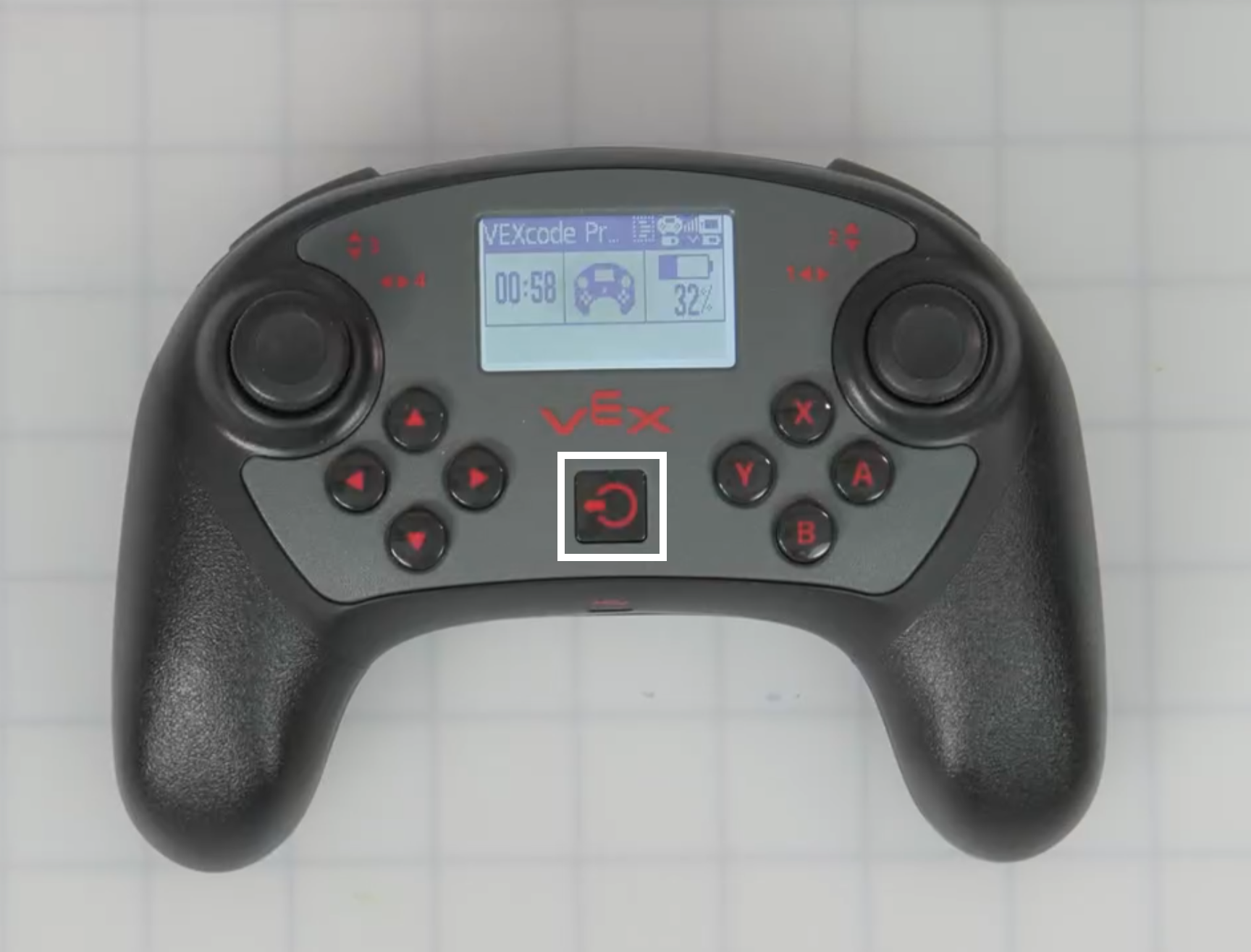 The V5 Controller running a timed project, with the power button highlighted.
