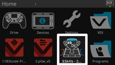 V5 Brain screen is shown in the Home menu to show that the Field Control App has been downloaded to the third program slot.