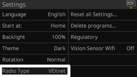 Brain screen is shown in the Settings menu with the Radio Type option highlighted and set to VEXnet.