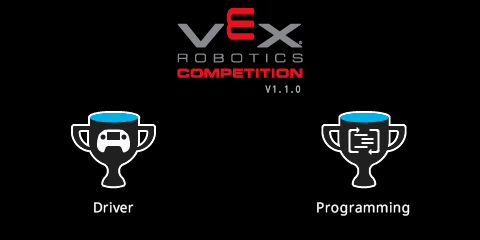 Field Control Brain splash screen that reads VEX V 5 Robotics Competition, with two trophy icons. The one of the left reads driver and the one on the right reads Programming.
