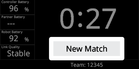 Field Control Brain is shown after the match has ended. The final timer is shown and below it a button reads New Match.