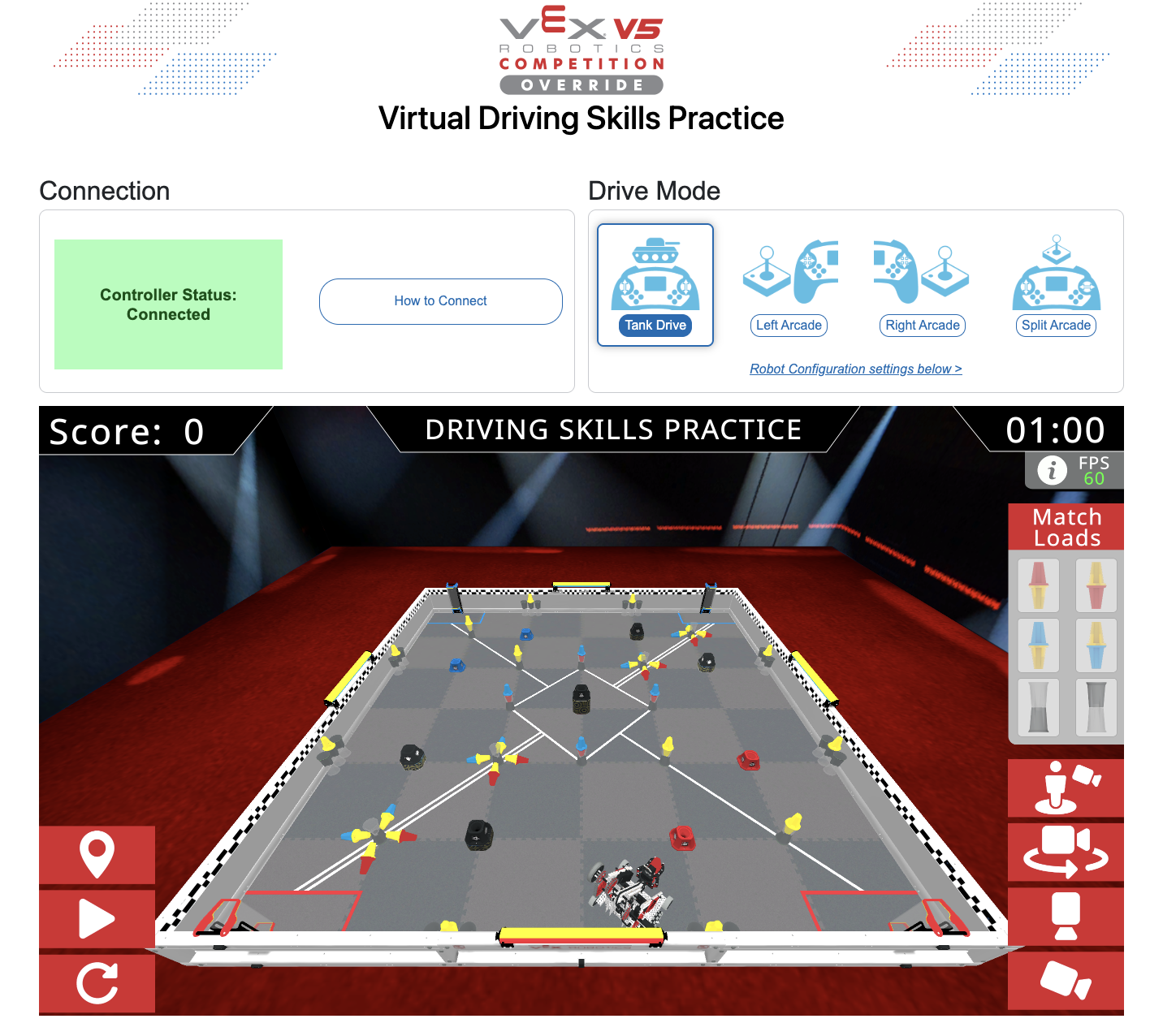 The V5 Virtual Driving Skills page showing a green controller connected status in the upper left corner, four drive mode options in the upper right corner, and the Driving Skills Practice Override field below with the Hero Bot in the starting location with a Preload, with buttons to control the interface around the field.