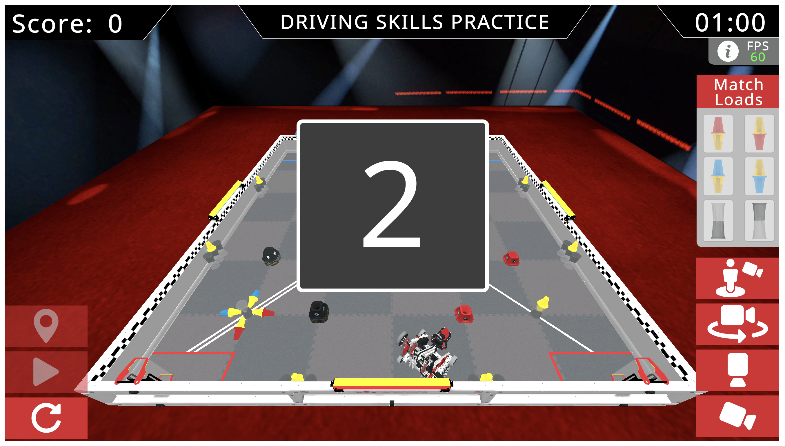 The Driving Skills Practice window with a large 2 in the center showing the countdown to the start of the match.