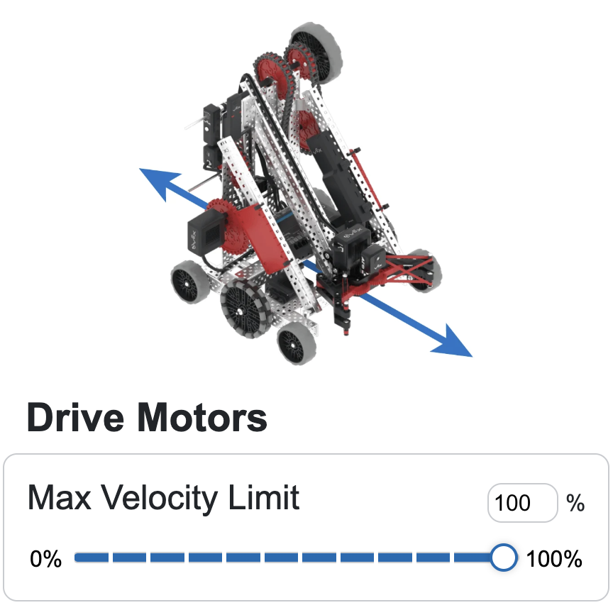 The Hero Bot Flex shown with arrows extending forward beneath the claw between the front two wheels and backward centered between the rear wheels, with Drive Motors and a slider and text box to adjust the Max Velocity Limit from 0 to 100%.