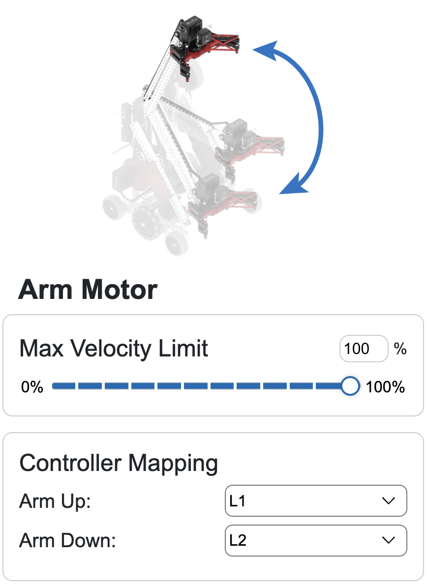 Flex with the arm raised, and a dual ended arrow indicating the direction of raising and lowering the arm. Beneath it reads Arm Motor with velocity limit sliders and text box and controller mapping with drop downs for Arm Up and Arm Down.