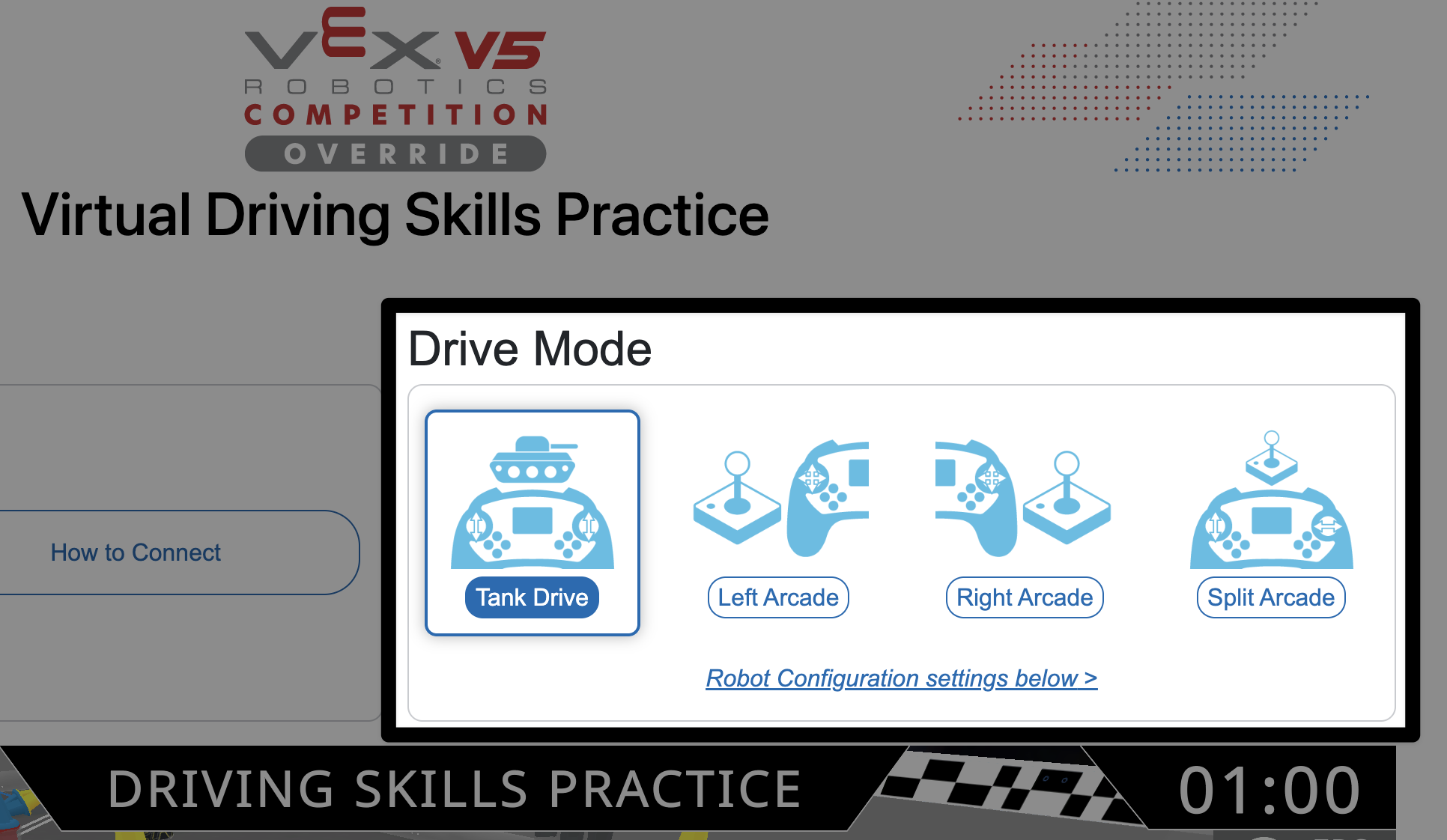 The upper right side of the Driving Skills Practice Window showing the Drive Mode selection area in a red box. Tank Drive is currently selected, and the Left Arcade, Right Arcade, and Split arcade options are shown in a row.