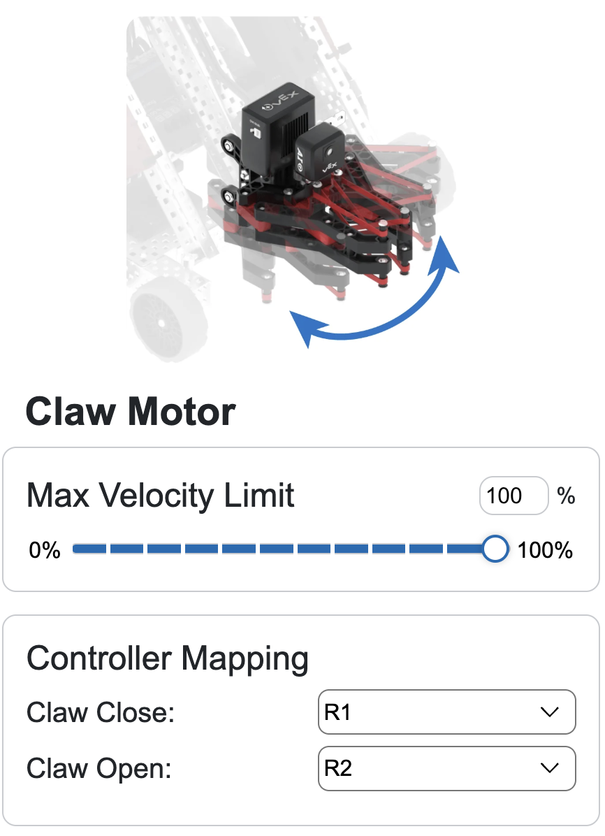Flex's Claw with a dual ended arrow indication the direction it opens and closes. Beneath it reads Claw Motor with velocity limit sliders and a text box, and Controller mapping with drop down options for Claw Close and Claw Open.