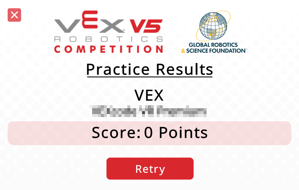 Match Results window showing the total score and team name for the Override Virtual Skills project
