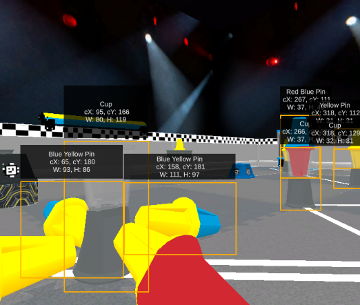 AI Vision viewer showing X, Y, width, and height values for detected pin and cup game elements in the Playground window