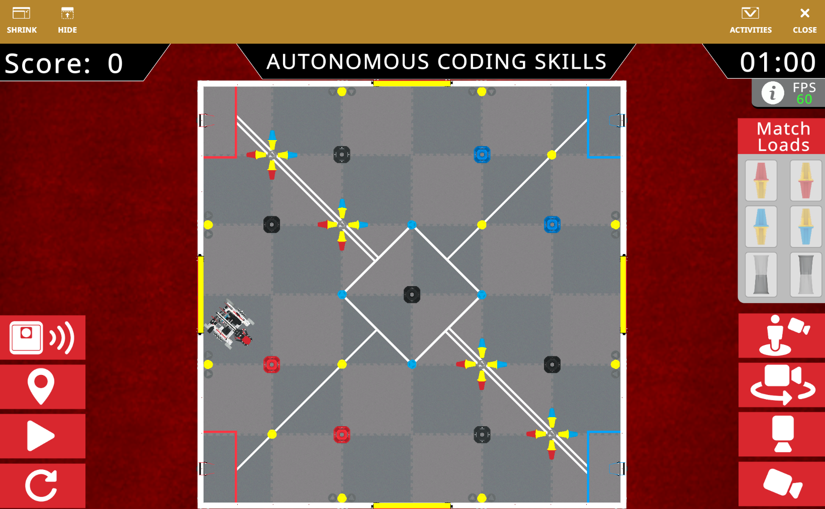 Top-down view of Flex in the Override Playground window on the virtual competition field
