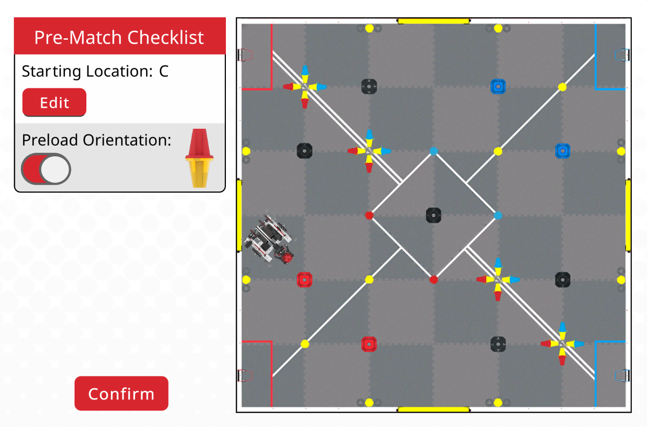 Pre-Match Checklist showing the starting location and Preload Orientation options for the Override Playground