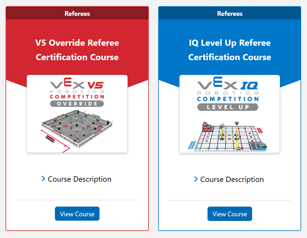 Two tiles showing the Competition courses for the V5 and IQ Referee courses.