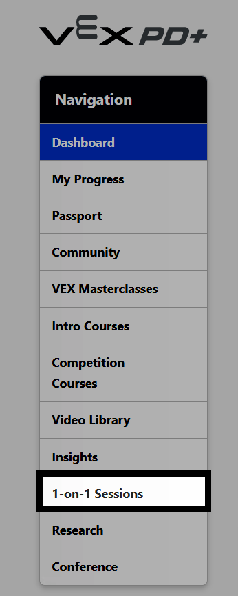 VEX PD+ 1-on-1 Sessions called out in the PD+ Navigation section