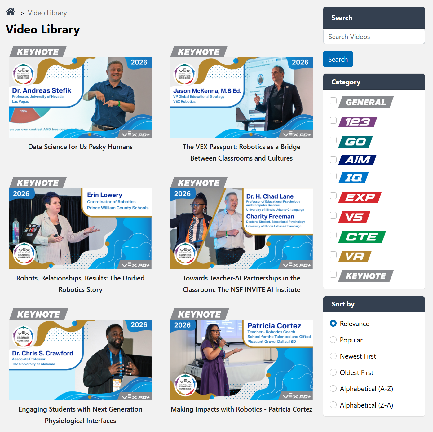 Thumbnails for videos in the VEX Video Library, with a side menu to sort videos by platform.