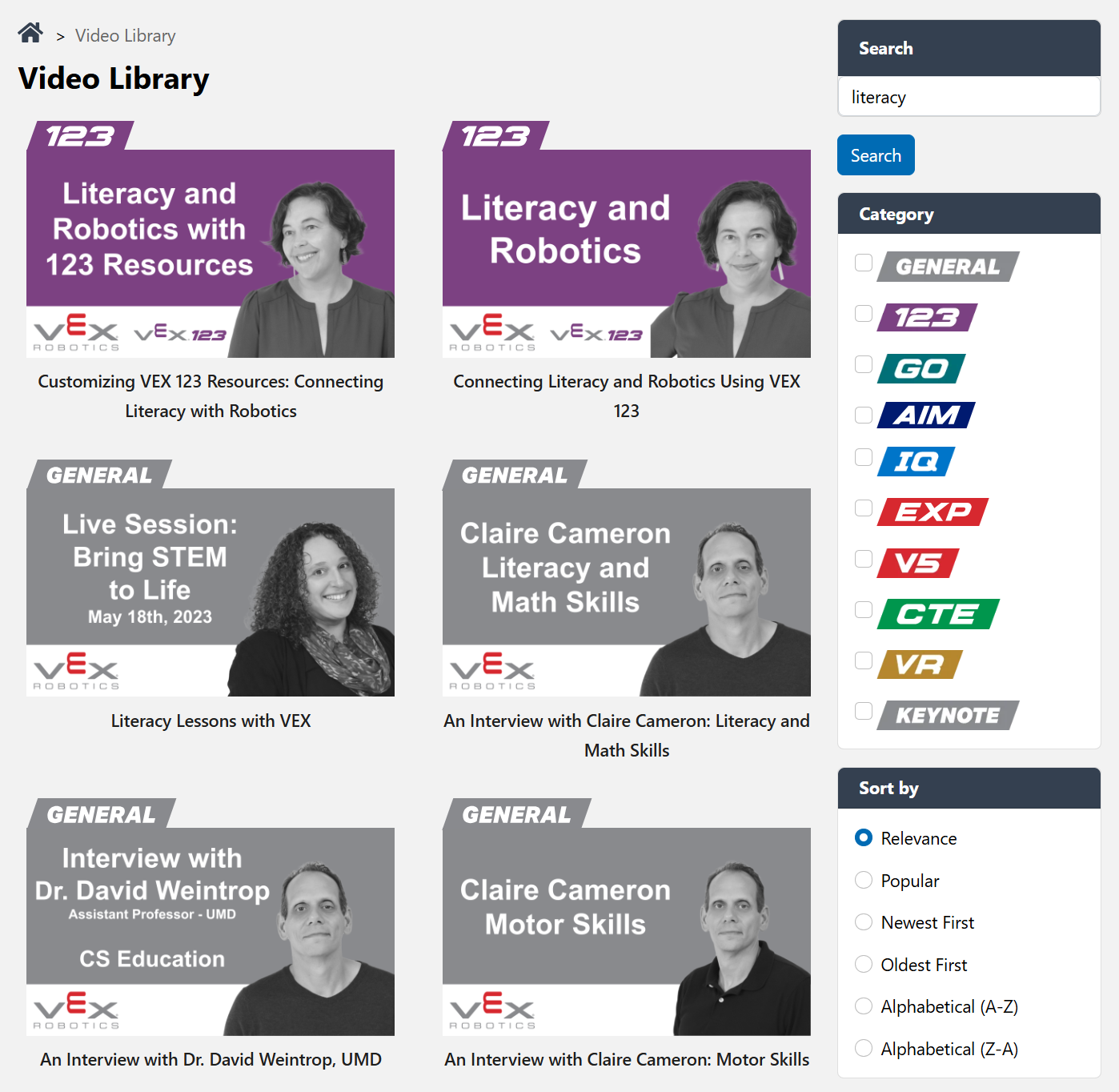VEX Video Library with the word literacy entered into the Search field and only videos discussing literacy are shown.