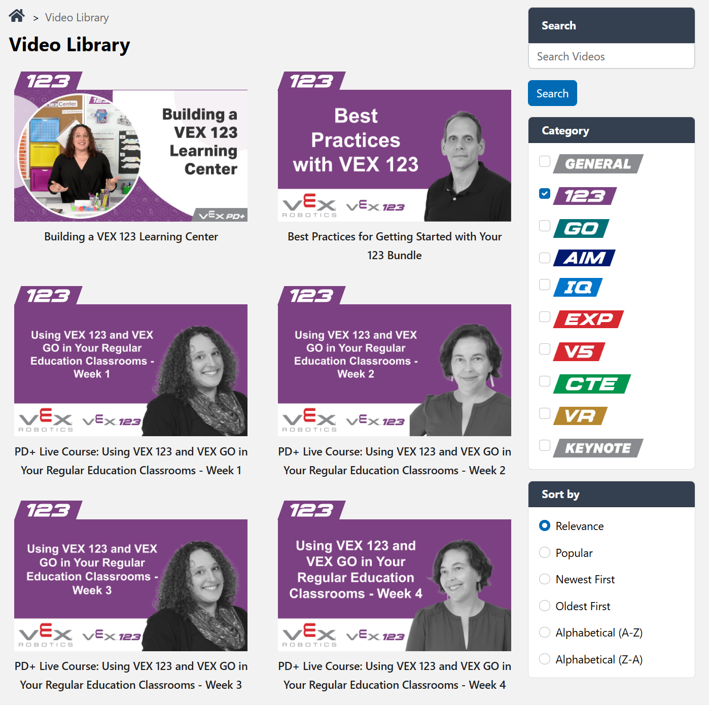 VEX Video Library filtered to show only videos matching the selected platform and search terms.