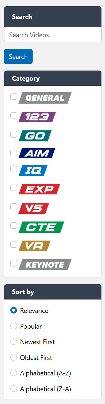Side menu for the VEX Video Library page, with options to sort videos by platform and a keyword search.