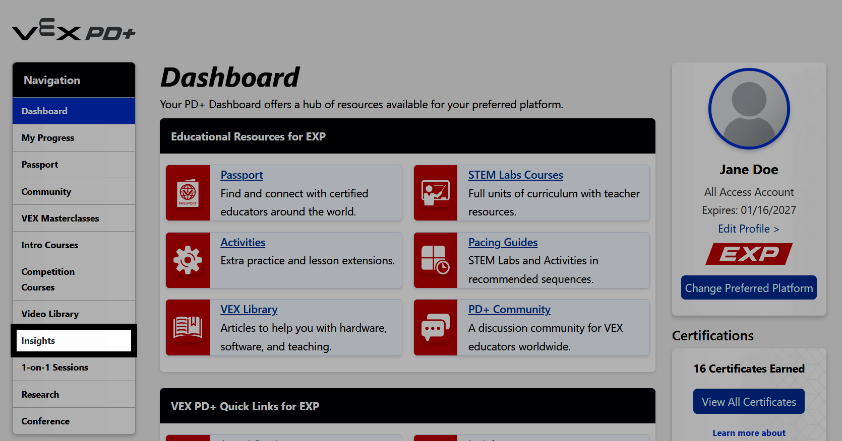 PD+ Dashboard with the Insights option highlighted on the side menu.