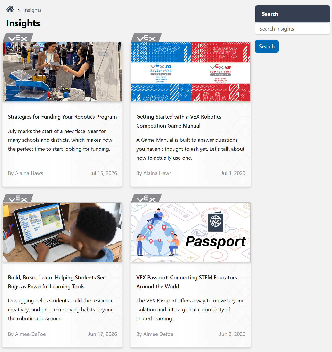 Thumbnails and descriptions for Insights Articles on various education topics.