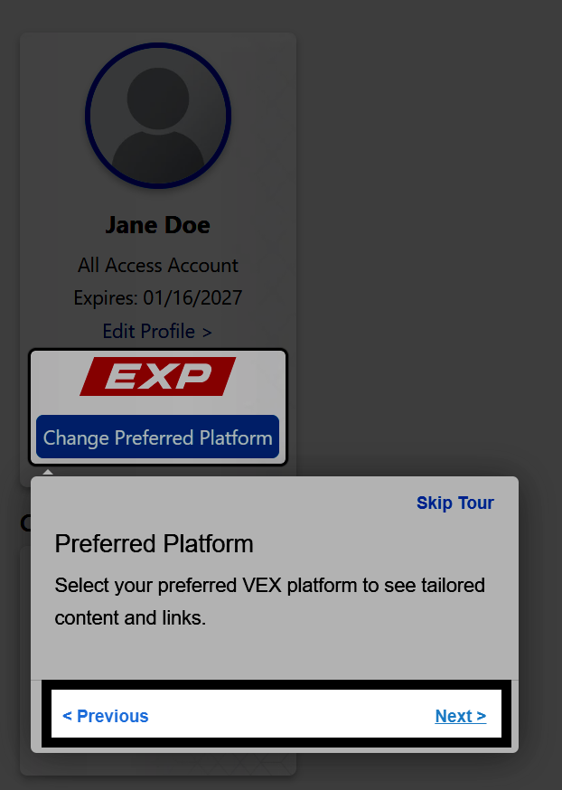 PD+ Get Started Tour dialog with the Previous and Next buttons on the bottom left and right corners respectively, highlighted.