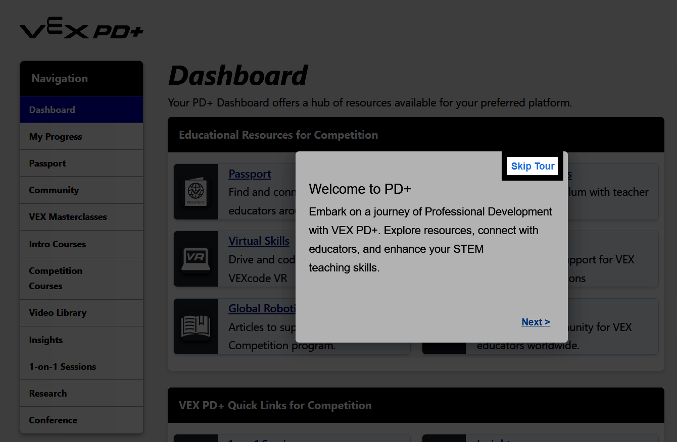 PD+ Get Started Tour dialog with the Skip Tour option in the upper right highlighted.