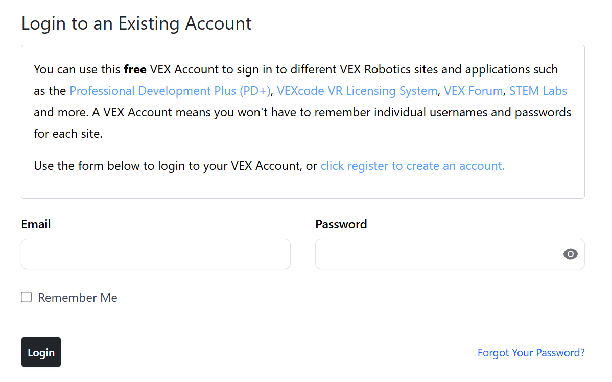 Screenshot of the Login screen reading Login to an existing account, with spaces to enter your email and password, and a login button on the bottom left.
