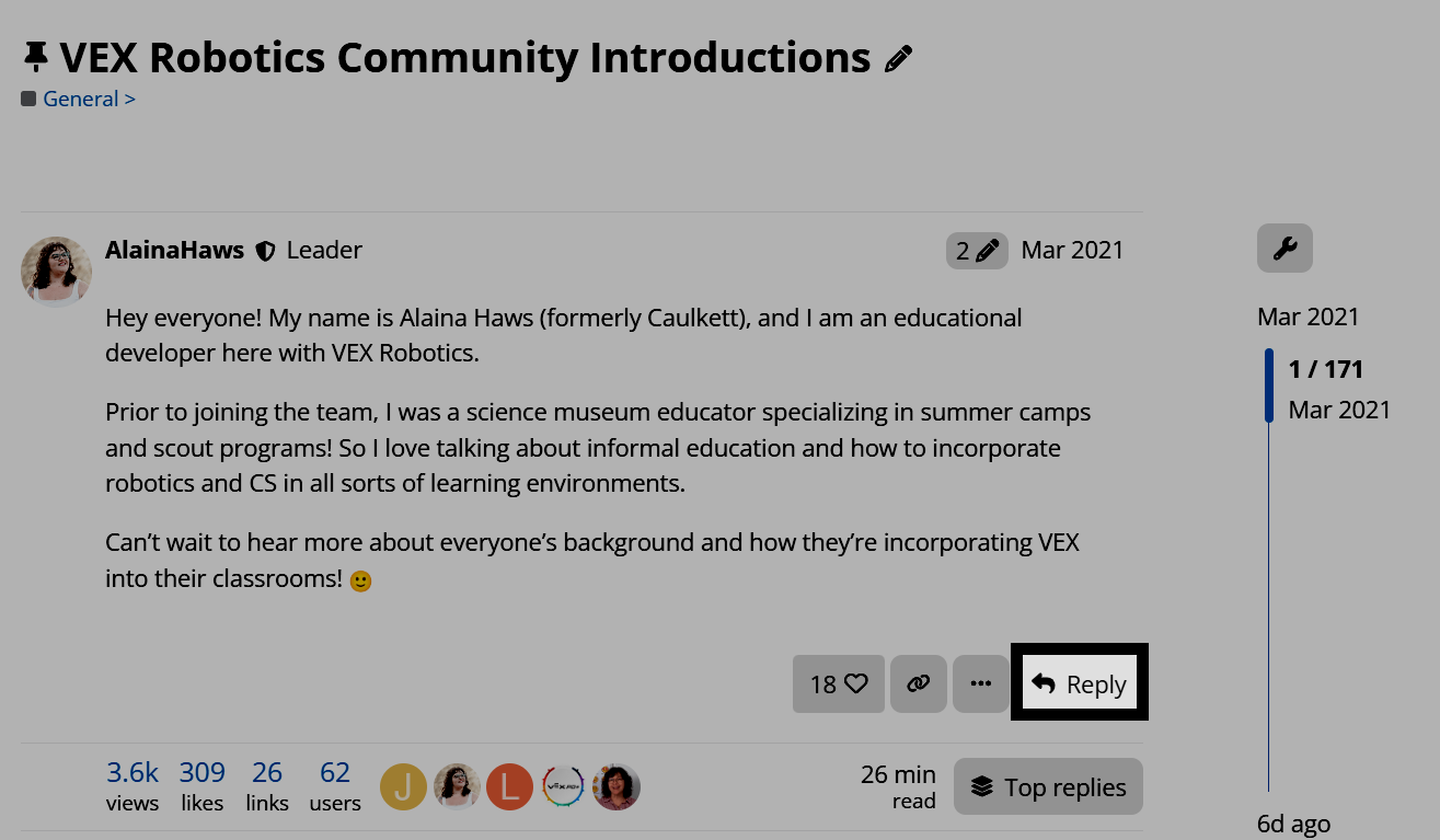 A post within the Community Introductions thread, with the Reply button highlighted.