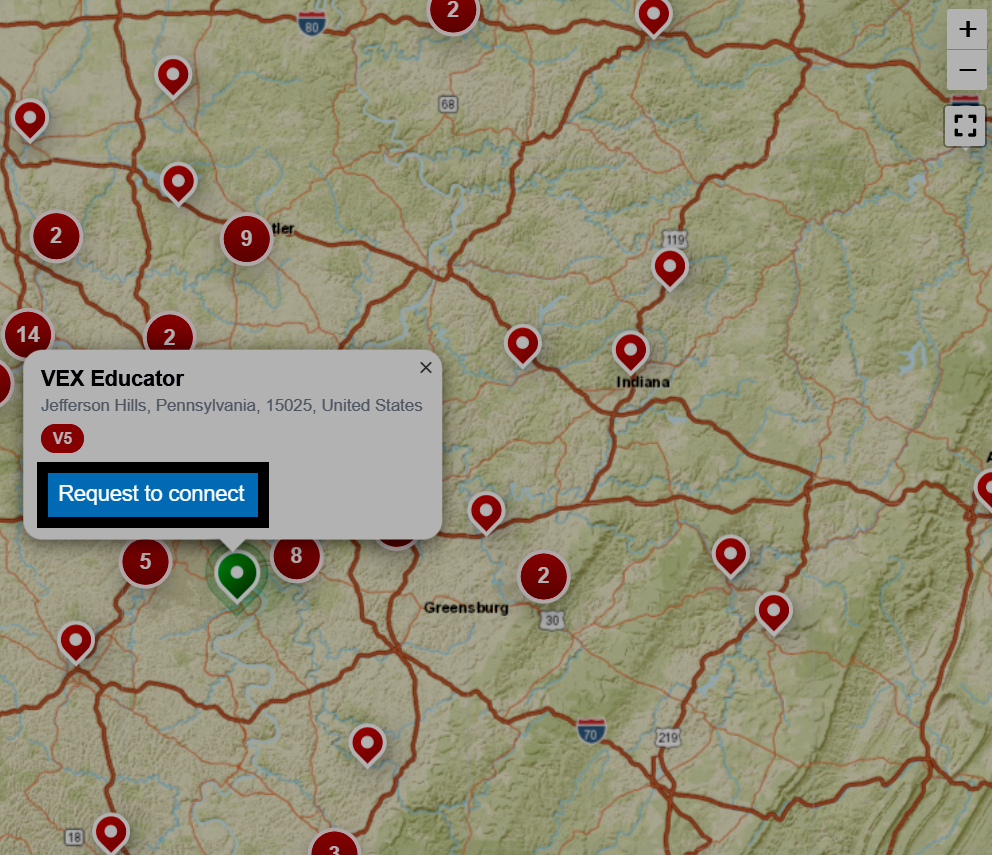 An individual pin selected on the Passport map, showing the educator's name and the Request to connect button.