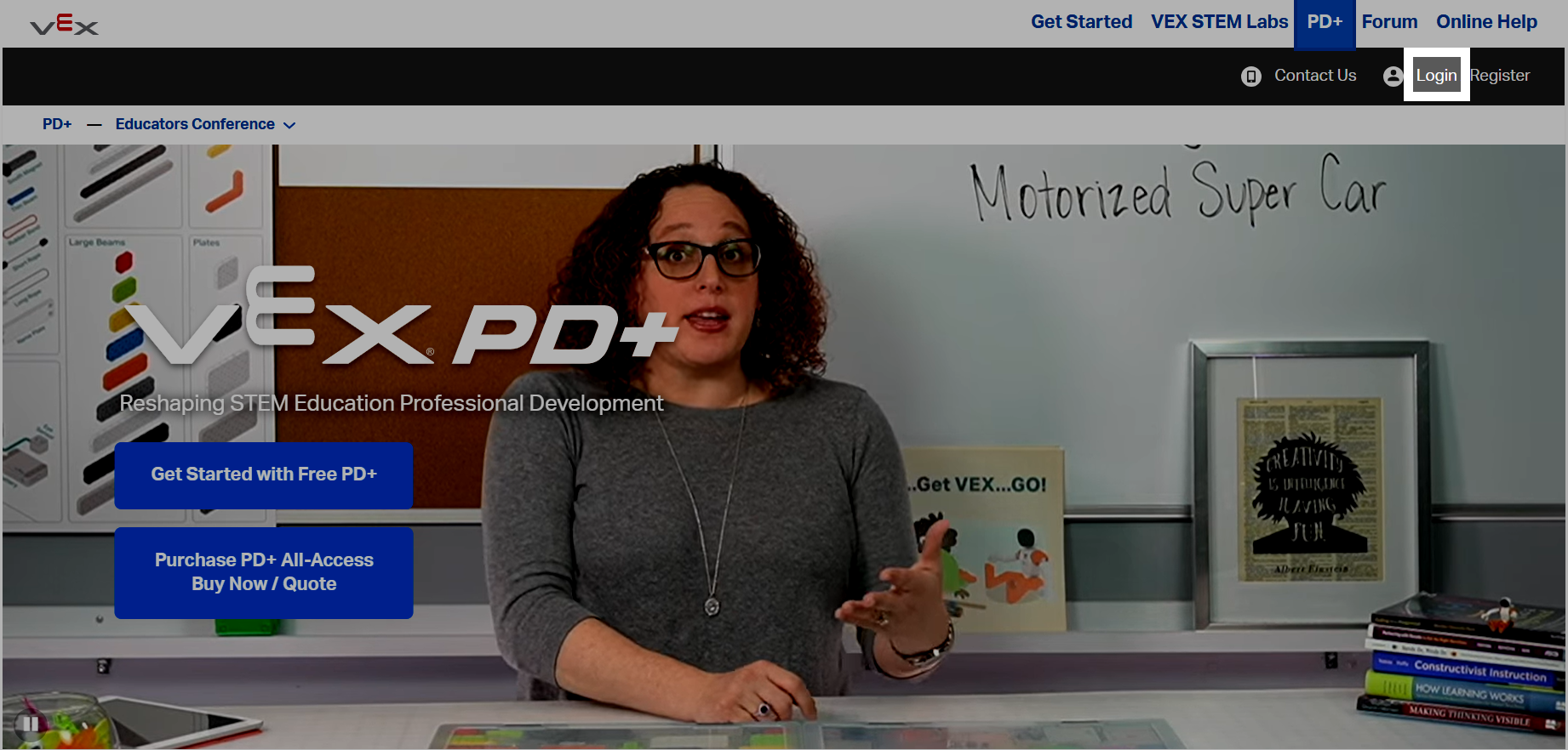 PD+ homepage with the Login option in the upper right corner highlighted.